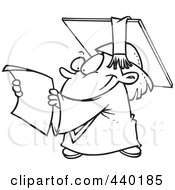 Poster, Art Print Of Cartoon Black And White Outline Design Of A Graduate Kid Reading A Certificate