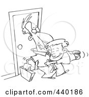 Poster, Art Print Of Cartoon Black And White Outline Design Of A Boy Jumping On His Dad When He Arrives Home