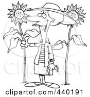 Cartoon Black And White Outline Design Of A Green Thumb Woman In Her Sunflower Gardener