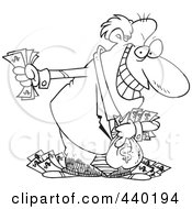 Poster, Art Print Of Cartoon Black And White Outline Design Of A Greedy Rich Businessman Holding His Money