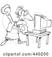 Royalty Free RF Clip Art Illustration Of A Cartoon Black And White Outline Design Of A Mad Granny Beating A Computer With Boxing Gloves