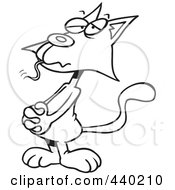 Royalty Free RF Clip Art Illustration Of A Cartoon Black And White Outline Design Of A Guilty Cat With A Mouse In His Mouth