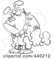 Royalty Free RF Clip Art Illustration Of A Cartoon Black And White Outline Design Of A Grumpy Bulldog Holding A Bone