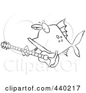 Royalty Free RF Clip Art Illustration Of A Cartoon Black And White Outline Design Of A Fish Guitarist