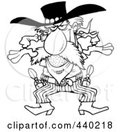 Royalty Free RF Clip Art Illustration Of A Cartoon Black And White Outline Design Of A Western Gunslinger Cowboy