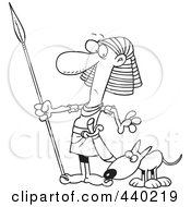 Royalty Free RF Clip Art Illustration Of A Cartoon Black And White Outline Design Of A Dog Sniffing An Egyptian Guards Foot by toonaday