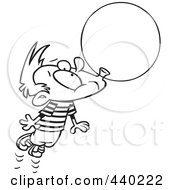 Cartoon Black And White Outline Design Of A Little Boy Floating Away With A Big Bubble Of Gum