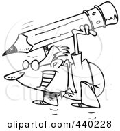 Poster, Art Print Of Cartoon Black And White Outline Design Of A Businessman Jumping And Holding A Giant Pencil