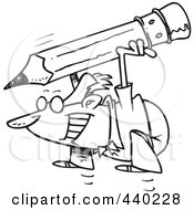 Royalty Free RF Clip Art Illustration Of A Cartoon Black And White Outline Design Of A Businessman Jumping And Holding A Giant Pencil