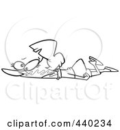 Royalty Free RF Clip Art Illustration Of A Cartoon Black And White Outline Design Of A Woman Collapsed On The Ground With Bubble Gum In Her Face by toonaday