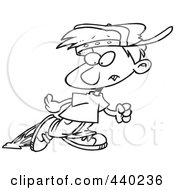 Royalty Free RF Clip Art Illustration Of A Cartoon Black And White Outline Design Of A Little Boy Looking Back At Gum Stuck To His Shoe