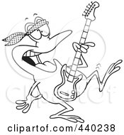 Royalty Free RF Clip Art Illustration Of A Cartoon Black And White Outline Design Of A Dancing Guitarist Frog