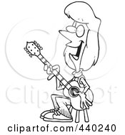 Royalty Free RF Clip Art Illustration Of A Cartoon Black And White Outline Design Of A Female Guitarist Sitting On A Stool