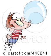 Cartoon Little Boy Floating Away With A Big Bubble Of Gum