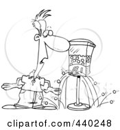 Cartoon Black And White Outline Design Of A Gumball Machine Dropping Gum On The Floor By A Man