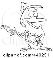 Royalty Free RF Clip Art Illustration Of A Cartoon Black And White Outline Design Of A Guitarist Frog Wearing A Straw Hat