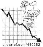 Poster, Art Print Of Cartoon Black And White Outline Design Of A Blindfolded Man Unicycling Down A Graph