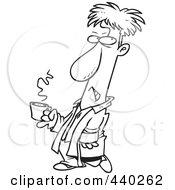 Royalty Free RF Clip Art Illustration Of A Cartoon Black And White Outline Design Of A Grumpy Man Holding His Cup Of Morning Coffee