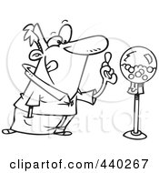 Cartoon Black And White Outline Design Of A Man Holding Gum By A Gumball Machine