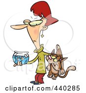 Poster, Art Print Of Cartoon Woman Carrying A Bad Cat And A Dead Fish In A Bowl