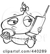 Poster, Art Print Of Cartoon Black And White Outline Design Of A Baby Girl Using A Cell Phone