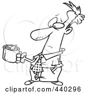Royalty Free RF Clip Art Illustration Of A Cartoon Black And White Outline Design Of A Man Holding A Bad Cup Of Coffee With A Swimming Shark