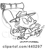 Royalty Free RF Clip Art Illustration Of A Cartoon Black And White Outline Design Of A Boy Scout Running With A Big Back Pack