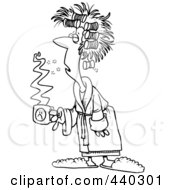 Cartoon Black And White Outline Design Of A Tired Woman With Bad Hair Holding Coffee
