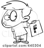 Poster, Art Print Of Cartoon Black And White Outline Design Of A Nervous School Boy Holding Out A Bad Report Card