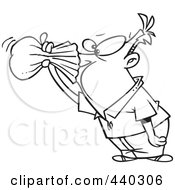 Poster, Art Print Of Cartoon Black And White Outline Design Of A Nauseous Man Breathing Into A Paper Bag