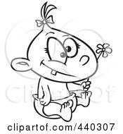Poster, Art Print Of Cartoon Black And White Outline Design Of A Baby Girl Holding A Flower