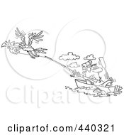 Poster, Art Print Of Cartoon Black And White Outline Design Of A Bad Gull Stealing A Fish From A Fisherman