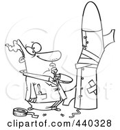 Cartoon Black And White Outline Design Of A Man Building A Bad Rocket