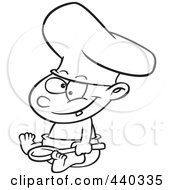 Royalty Free RF Clip Art Illustration Of A Cartoon Black And White Outline Design Of A Baby Boy Chef Wearing A Hat And Holding A Spoon