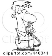 Royalty Free RF Clip Art Illustration Of A Cartoon Black And White Outline Design Of A Man Receiving Bad News On The Phone