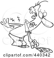 Royalty Free RF Clip Art Illustration Of A Cartoon Black And White Outline Design Of A Man Picking Up A Newspaper And Hurting His Back by toonaday
