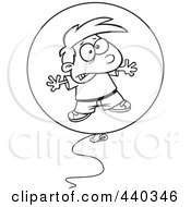 Poster, Art Print Of Cartoon Black And White Outline Design Of A Boy Floating In A Bad Balloon