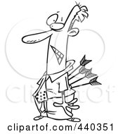 Royalty Free RF Clip Art Illustration Of A Cartoon Black And White Outline Design Of A Businessman Stabbed In The Back With Arrows