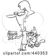 Royalty Free RF Clip Art Illustration Of A Cartoon Black And White Outline Design Of A Woman Carrying A Bad Cat And A Dead Fish In A Bowl