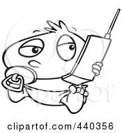 Poster, Art Print Of Cartoon Black And White Outline Design Of A Baby Boy Using A Cell Phone