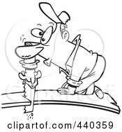 Royalty Free RF Clip Art Illustration Of A Cartoon Black And White Outline Design Of A Bad Carpenter Cutting Himself Off Of A Board