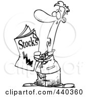 Royalty Free RF Clip Art Illustration Of A Cartoon Black And White Outline Design Of A Man Reading Bad News In The Stocks Pages
