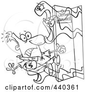 Royalty Free RF Clip Art Illustration Of A Cartoon Black And White Outline Design Of A Man Opening A Door Of Bad Memories by toonaday