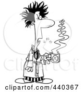 Cartoon Black And White Outline Design Of A Tired Man With Bad Hair Holding Coffee
