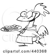 Royalty Free RF Clip Art Illustration Of A Cartoon Black And White Outline Design Of A Chicken Carrying A Plate Of Eggs And Bacon