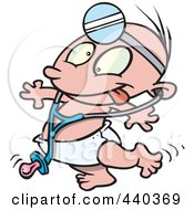 Poster, Art Print Of Cartoon Baby Doctor Wearing A Stethoscope And Head Lamp