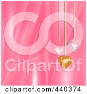 Poster, Art Print Of Pink Silky Valentines Day Background With Diamond And Mosaic Heart Pendants