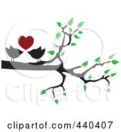 Pair Of Love Birds Under A Red Heart In A Tree