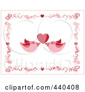 Poster, Art Print Of Pair Of Pink Love Birds Under A Red Heart Borderd By Swirls And Hearts
