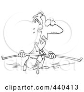 Poster, Art Print Of Cartoon Black And White Outline Design Of A Nervous Businessman Walking A Tight Rope With A Bar